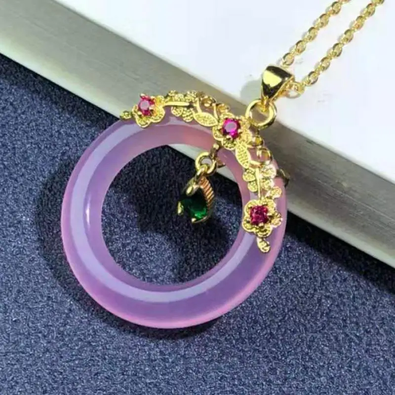 

Natural Purple Jade Circle Pendant With Emerald Ruby Myanmar Jadeite Yellow Green Jades Donut Charms Necklace Women Lucky Amulet