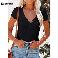 cashiona womens latest casual v neck t shirt short sleeve pullovers female spliced buttons top 2022 summer basic tees shirt