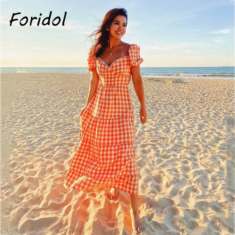 

Foridol Puff Sleeve Gingham Vintage Backless Orange Summer Dress for Women Sexy Long Beach Holiday Dress Maxi Dress Robe Femme