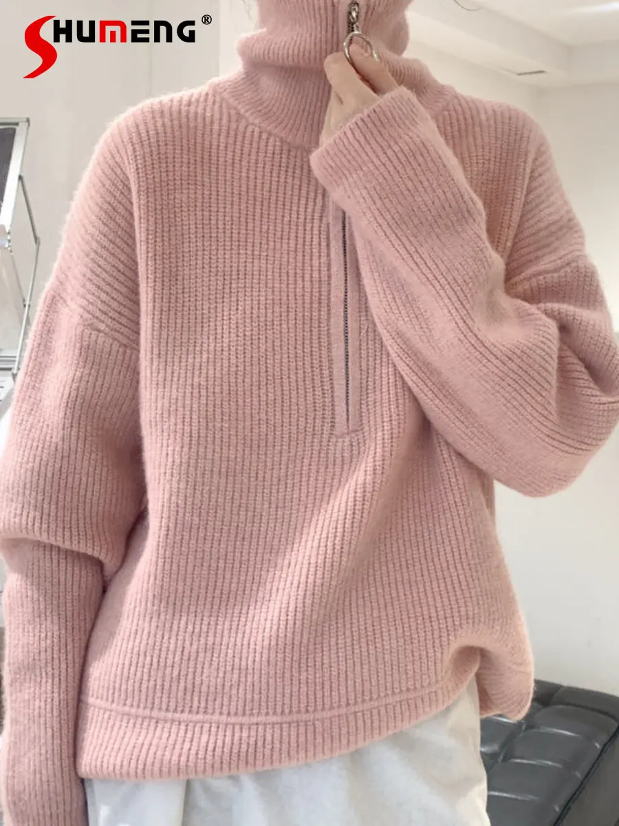 

Oversize Women's Lapel Zipped Stand Collar Outer Wear Knitted Pullover Autumn and Winter Thickened Warm Loose Lazy Sweater Coat