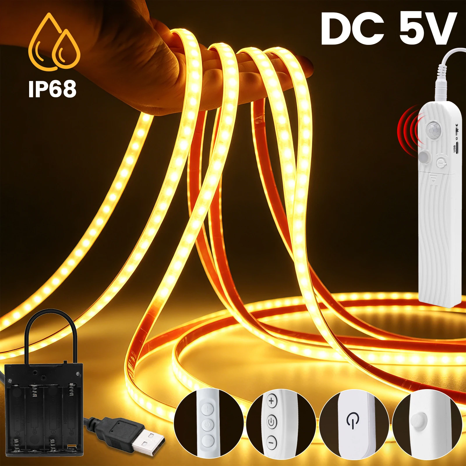 Фото Светодиодная лента USB 5В, диммируемая, 2835, 120 светодиодов, белая/тепло-белая, IP68, водонепроницаемая, гибкая, с выключателем, для домашнего декора, 1-5м №1