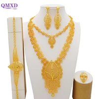 indian dubai gold color jewelry set for women bridal long necklace set nigerian choker necklace bracelet earring ring set