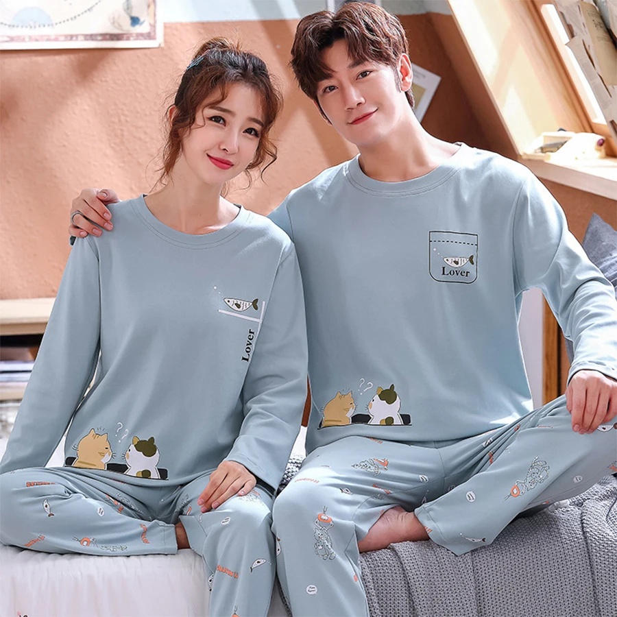 

2023 Autumn Cartoon Print Pajamas Sets For Women Cotton Cozy Couple Home Clothes Long Sleeve Tops Long Pants Pajama Suit