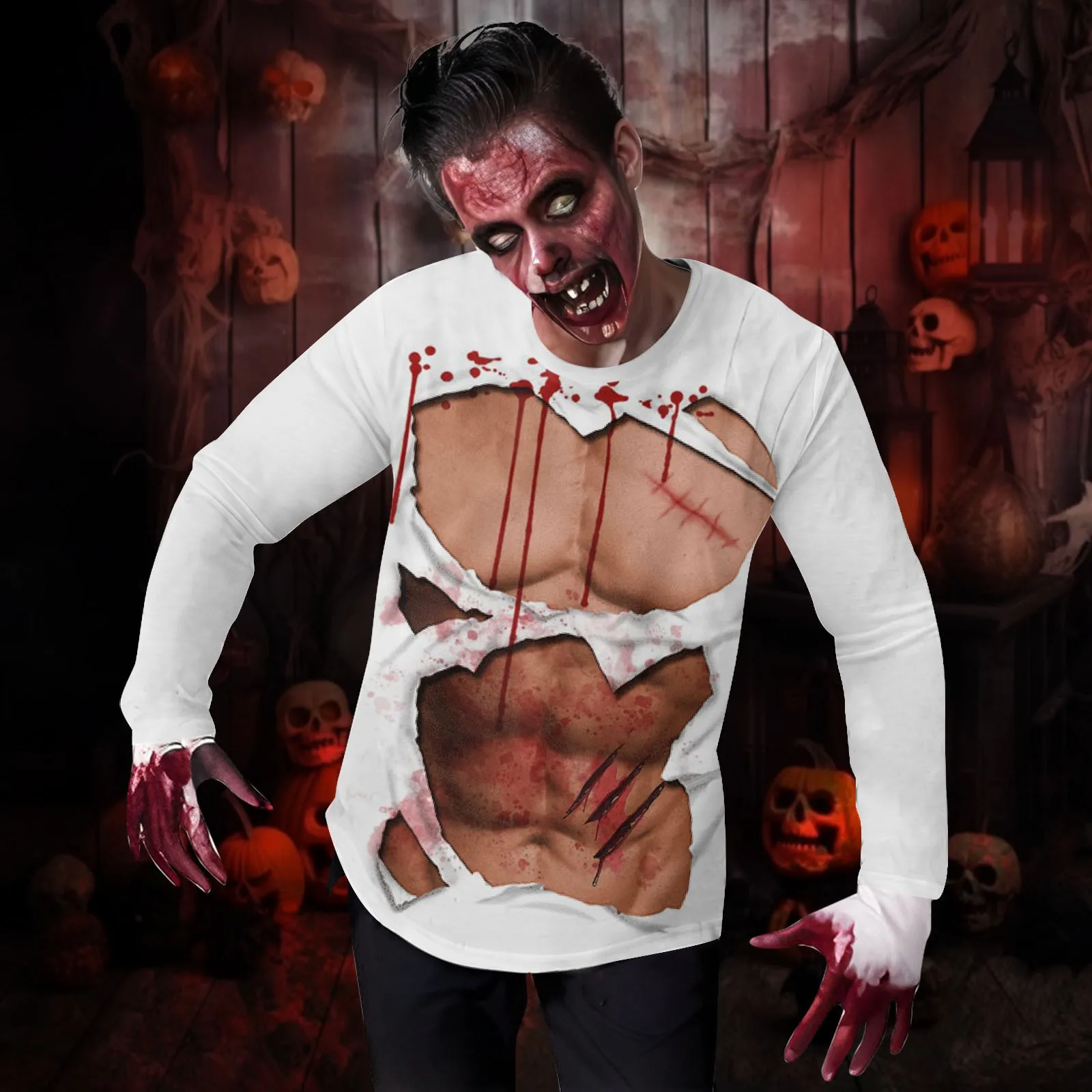 

Men Halloween Long Sleeved T-Shirt Pectoralis Abdominis Muscle Printed Top Autumn And Winter Halloween Round Neck Cosplay Tunic