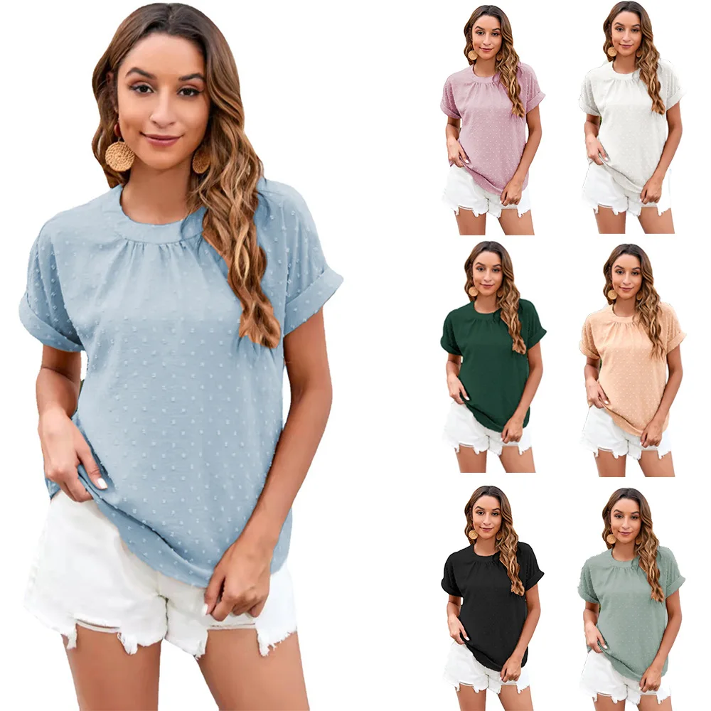 

Женский жаккардовый пуловер, Повседневная белая Свободная рубашка розового цвета с круглым вырезом и коротким рукавом, лето