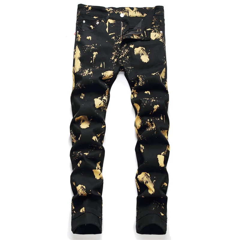

Leg Men's Trendy Straight Stacked Jeans Punk Vintage Biker Zipper Pocket Motorcycle Pants Fashion Patchwork Male Denim Trousers