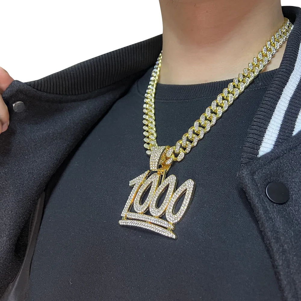 

ULJ Hip Hop 1000 Number Pendant Necklace with 13mm Miami Cuban Chain Iced Out Bling Hip Hop Necklaces Male Man Accessories