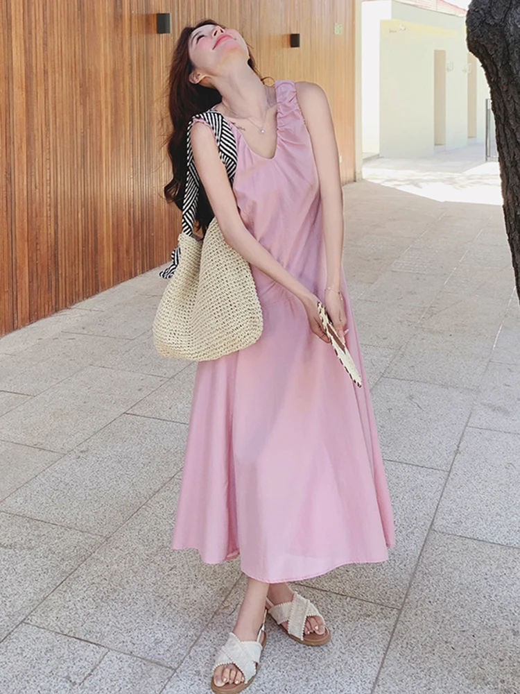 Розовое женское платье с v-образным вырезом лето 2023 новая французская длинная
