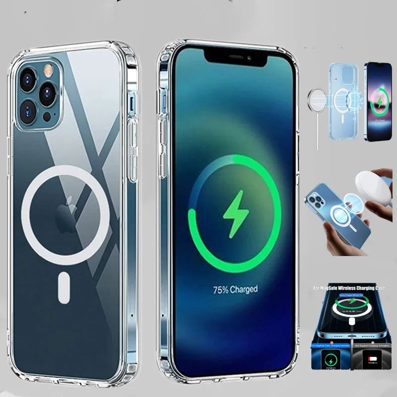 

Original for Magsafe Magnetic Wireless Charging Case for IPhone 13 12 11 Pro XS Max Mini XR X SE2020Transparent Shockproof Cover