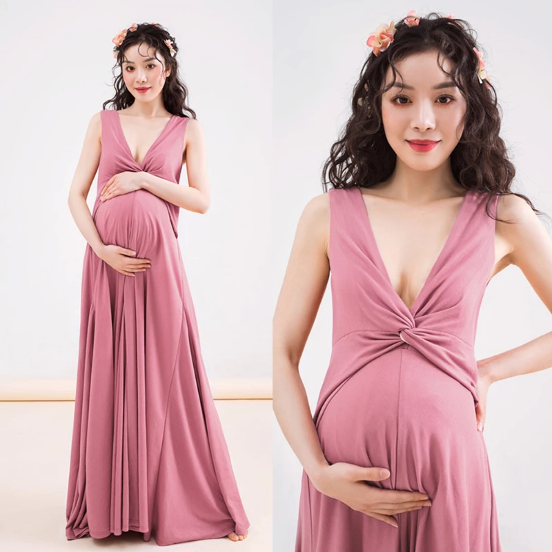 

Maternity Dresses for Photo Shoot Sexy Deep V Neck Sleeveless Maxi Gown Pregnancy Woman Pink Baby Showers Dresses Shooting Tool