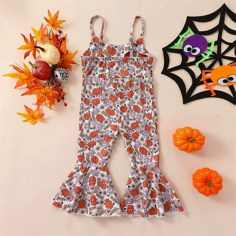 

Baby Girls Fall Romper Sleeveless Pumpkin Print Jumpsuit Suspender Flare Pants Strap Playsuit