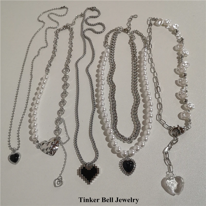 

Kpop винтажная Готическая подвеска в виде черного сердца в стиле панк жемчужная цепочка ожерелье гранж для женщин и мужчин крутой парень Хара...