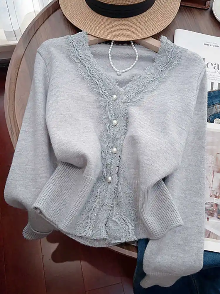 Женский белый кружевной лоскутный кардиган свитер в стиле Харадзюку корейский