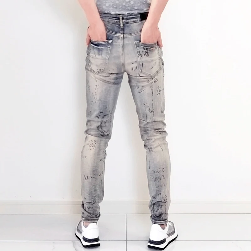 Street Fashion Men Jeans Retro Yellow Blue Elastic Stretch Skinny Ripped Jeans Men Printed Designer Hip Hop Brand Pants Hombre