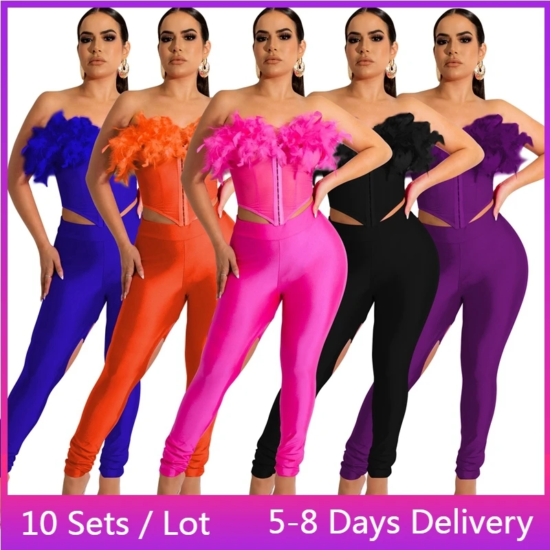 

Wholesale Items Clubwear Sexy Outfits for Woman Party Bodycon Summer 2 Piece Outfit Feather Corset Crop Top Hollow Out Pants Set