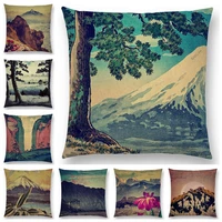 japanese style landscape painting cushion cover four seasons nature scenery fuji mountains trees rivers sea sofa pillow case