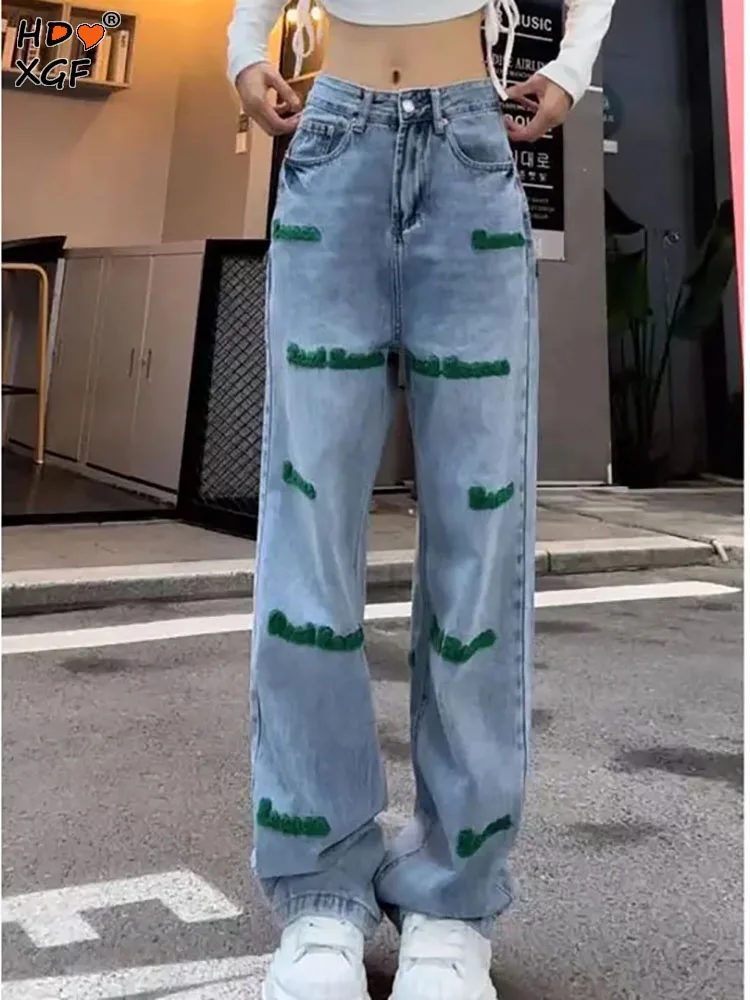 

Женские джинсы с широкими штанинами, с вышивкой и надписью, на пуговицах