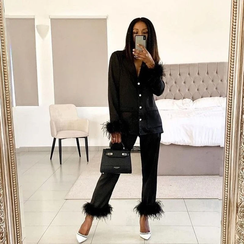 

QWEEK Two Piece Pajamas Women Feather Detail Lounge Set Female Autumn Long Sleeve Pijamas Solid Pyjamas Casual Sleepwear Suit