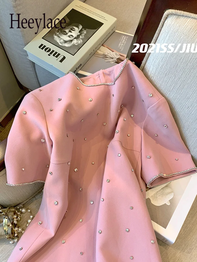 

Летние Платья-мини для женщин, роскошные платья розового цвета с коротким рукавом и круглым вырезом, офисные женские элегантные приталенные платья, женская одежда