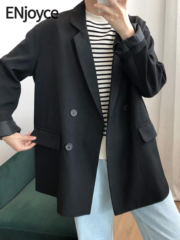 

Женский двубортный блейзер в полоску ENjoyce, винтажный блейзер с длинным рукавом, рабочая одежда, жакет, верхняя одежда для весны и осени