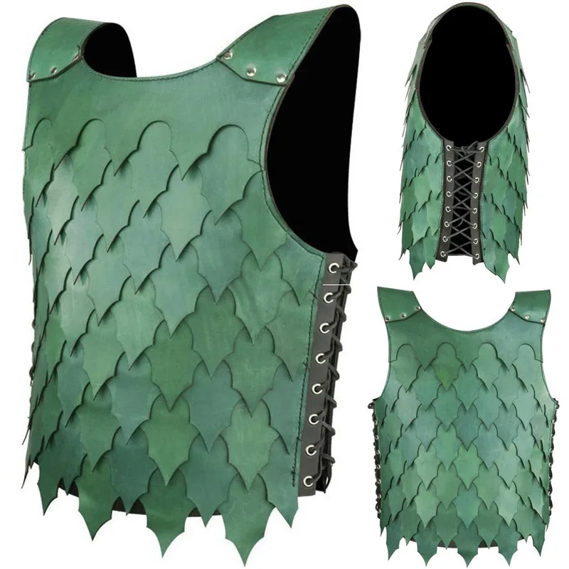 

Medieval Leather Scale Vest Armor Larp Elf Knight Warrior Costume Green Doublet Jerkin Cuirass Cosplay Outfit SCA Tabard For Men