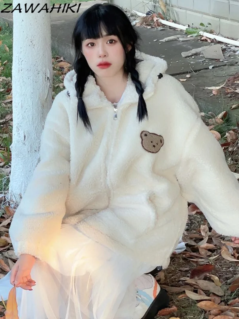 

Kawaii Solid Fluffy Coat Y2k Women Aesthetic Fairy Grunge Jacket Warm Outwear Zip-up Hooded White Jackets Cute Top 90s