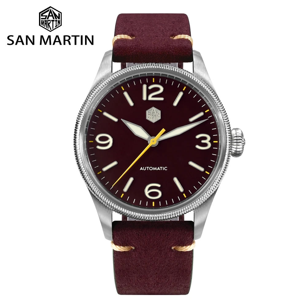 

San Martin Men Pilot Watch Top Brand 38.5mm Retro Original Design Carved Coin Bezel YN55 Men Automatic Mechanical Sapphire 10Bar