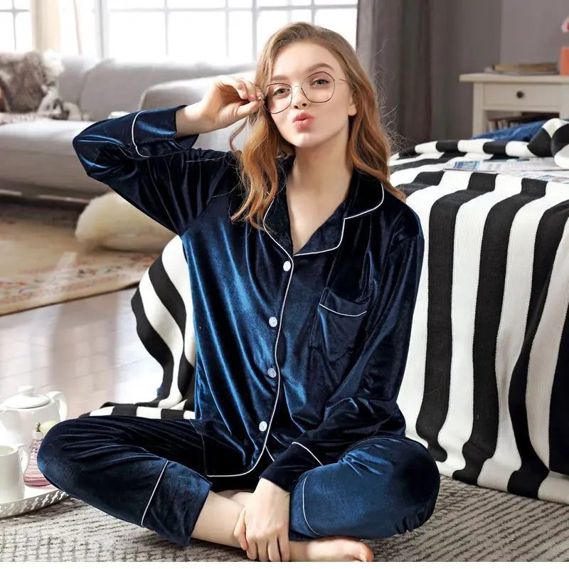 Women's Pajamas Set 2023 Spring Autumn New Long Sleeve Thin Gold Velvet Pijama Suit Korean Elegant Sexy Sleepwear Loungewear