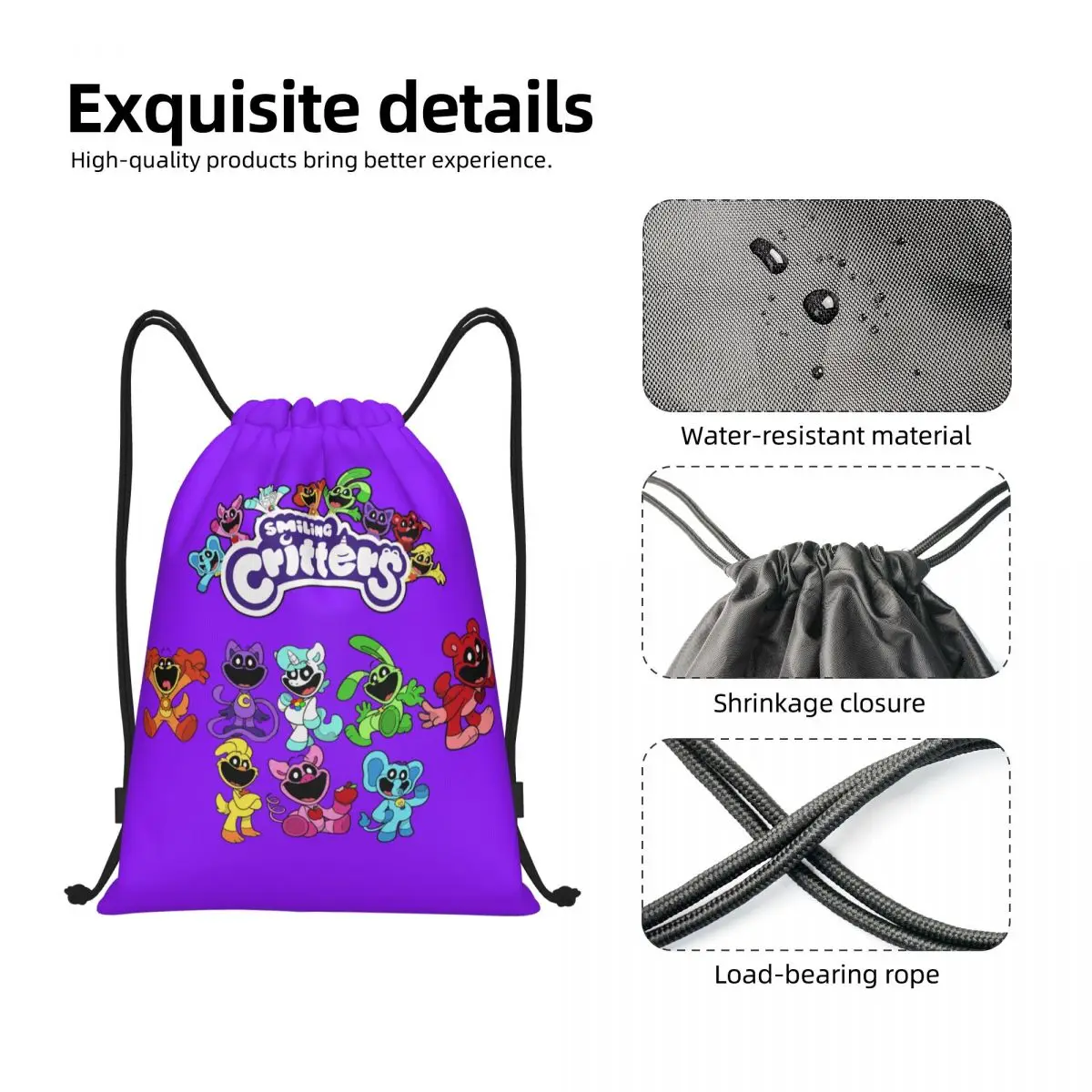 Custom Colorful Smiling Big Mouth Critters Group Drawstring Bags for Shopping Yoga Backpacks Scarry Animated Game Sports Gym