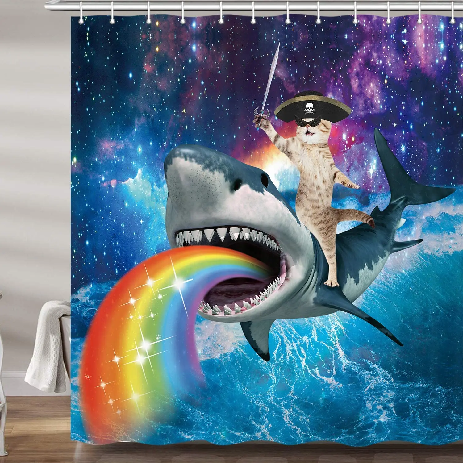 

Funny Pirate Cat Shower Curtains for Bathroom Cool Cat Riding Shark Whale In Universe Galaxy Hilarious Kids Bath Curtain Set