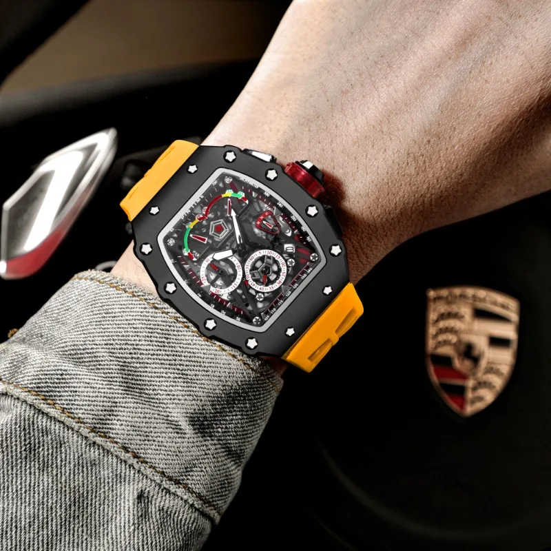 

PINTIME Promotion Sale Men Fashion Sport Watch Chronograph Function Stopwatch Red Rubber Strap Auto Date Male Luxury Wristwatch