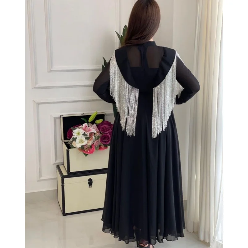Ramadan Long Dress Moroccan Caftan 2023 Women's Spring Summer Big Swing Sexy High Tassel Waist Splice Chiffon Evening Dress