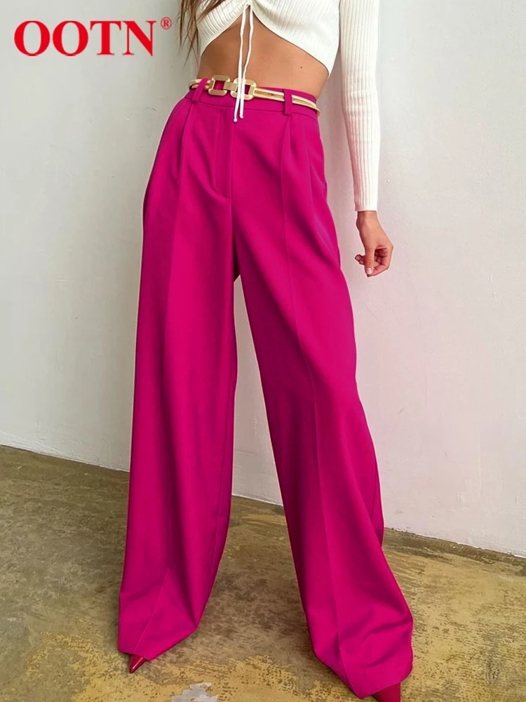 

Женские брюки с высокой талией OOTN, розовые, красные, 2022, полная длина, высокая талия, летние брюки, Femme, плиссированные, свободные, палаццо, шик...