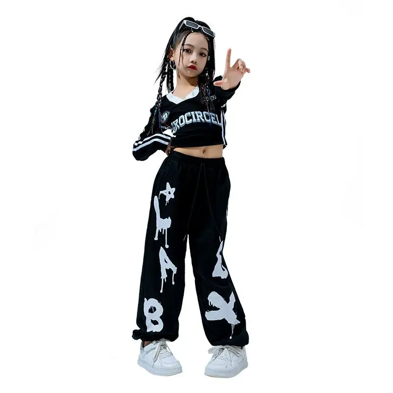 

Hip Hop Girls Crop Polo Shirt Cargo Pants Kids Sweatshirt Street Dance Letter Joggers Child Streetwear Clothes Sets Jazz Costume