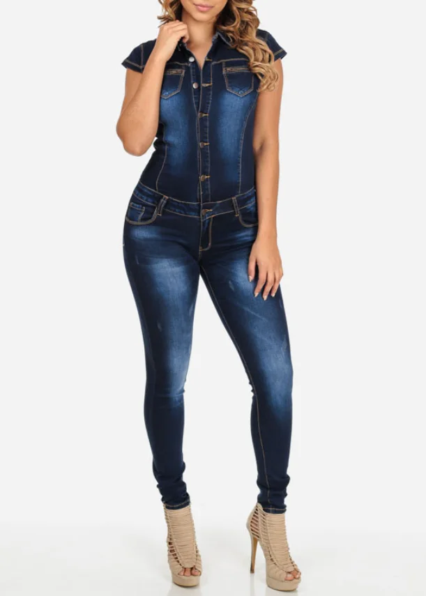 

Elegant 2023 Women's Denim Jumpsuit 2023 Summer New Fashion High Street Button Short Sleeve Slim Fit Jumpsuit