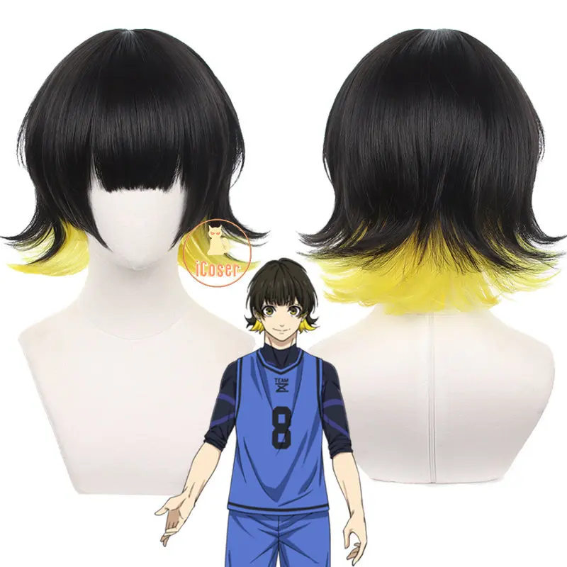 

Anime Blue Lock Bachira Meguru Cosplay Wig Black Yellow Hair Bowl Cut Team Z No.8 Football Player Bob Halloween Accessory Men