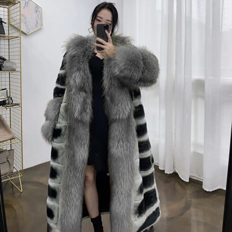 

Natural Rex Rabbit Fur Overcoat Women Fashion Luxury Warm Real Fox Fur Patchwork Collar Cuff Genuine Chinchilla Fur Coat Lady