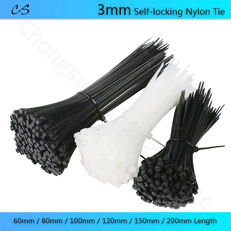 

100Pcs Self-locking Nylon Tie Plastic Cable Tie Organiser Fasten Black White 3x60mm 3x80mm 3x100mm 3x120mm 3x150mm 3x200mm