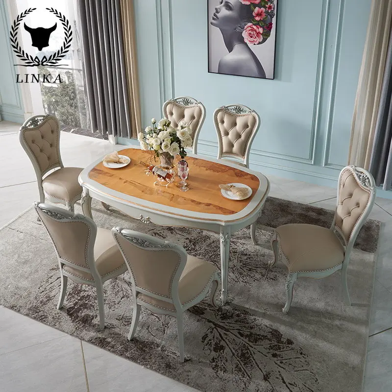 

French furniture, European dining table, living room, small carved table and chair combination