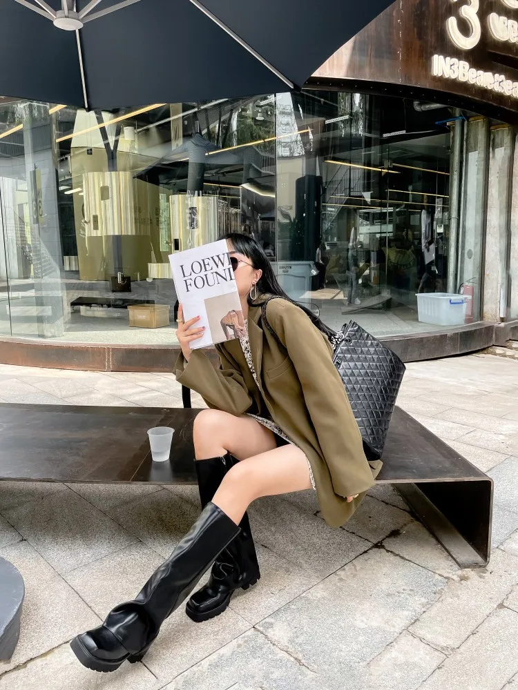 Women's Boots,fried Street Patent Leather, Spring and Autumn Thick Soled Boots, Street Style Boots, Genuine Leather Knight Boots