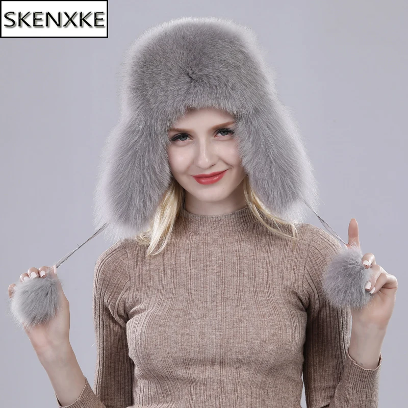 

2023 100% Real Fox Fur Hats Women's Russian Ushanka Aviator Trapper Snow Skiing Hat Caps Earflap Winter Raccoon Fur Bomber Hat