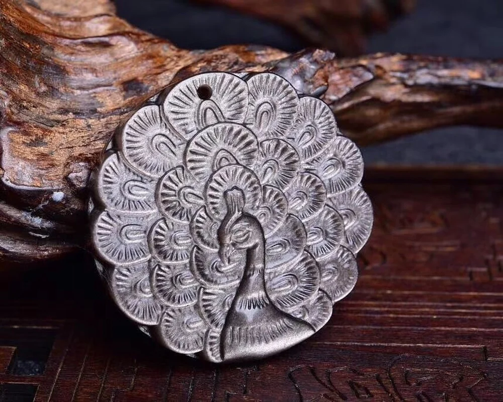 

Natural Silver Obsidian Hand Carved Peacock Pendant Fashion Boutique Jewelry Men's and Women's Necklace Gift Accessories