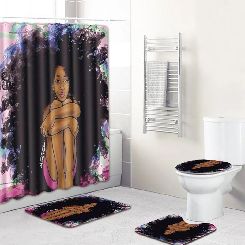 

African Girls Shower Curtain Set Fashion Lady 4pcs/set Bath Mat Toilet Pad Set Non-slip Bathroom Waterproof Shower Curtain Set