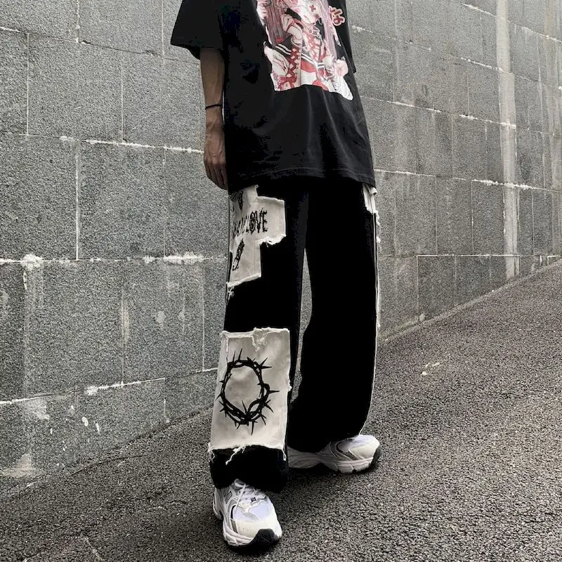 

Pants Men Grunge Punk Patchwork Black Women Hip Hop Streetwear Print Oversize Wide Leg Trousers 90s Vintage Fashion Street Wear