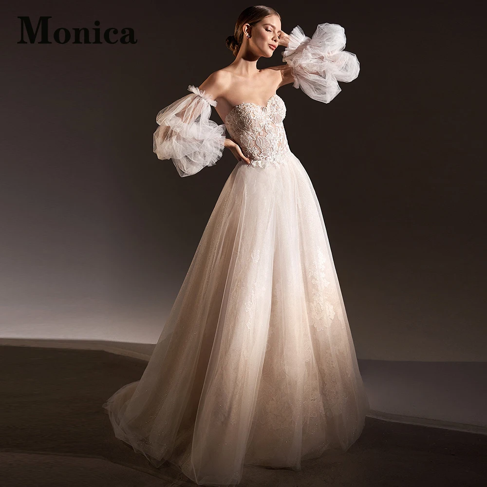 

MONICA Sparkly Sweetheart Off The Shoulder Backless Wedding Dresses For Women Floral Print Made To Order Robe De Mariée Pleat