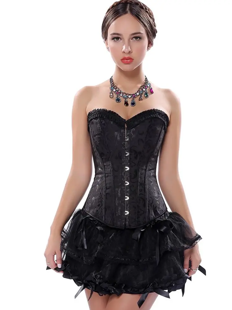 

Womens Corset Top Gothic Satin Overbust Waist Cincher Boned Corset with Tutu Skirt Dress Waist Trainer Faja Fajas Colombianas