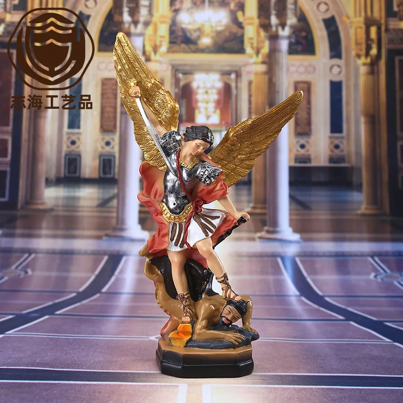 Фото Классическая статуя ангела Святого Мишка, смола, ангел Святого Мишка, убийство демона, бога, скульптура, мечи ручной работы, ангел, религиозная статуя №1