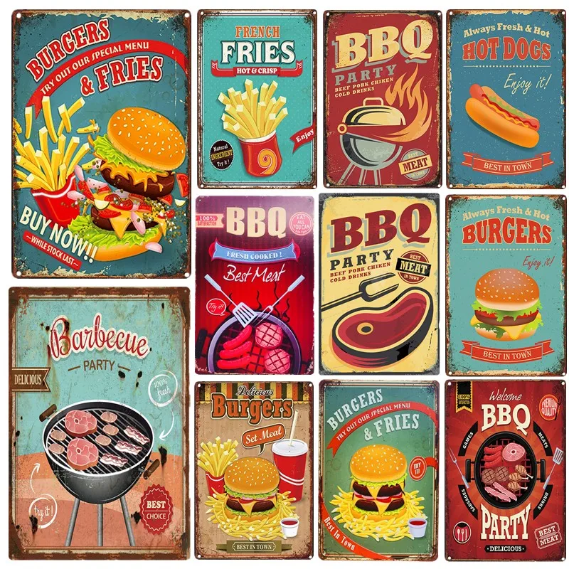 

Vintage Decor Plaque BBQ Zone Metal Tin Signs Barbecue Rules Slogan Kitchen Wall Poster