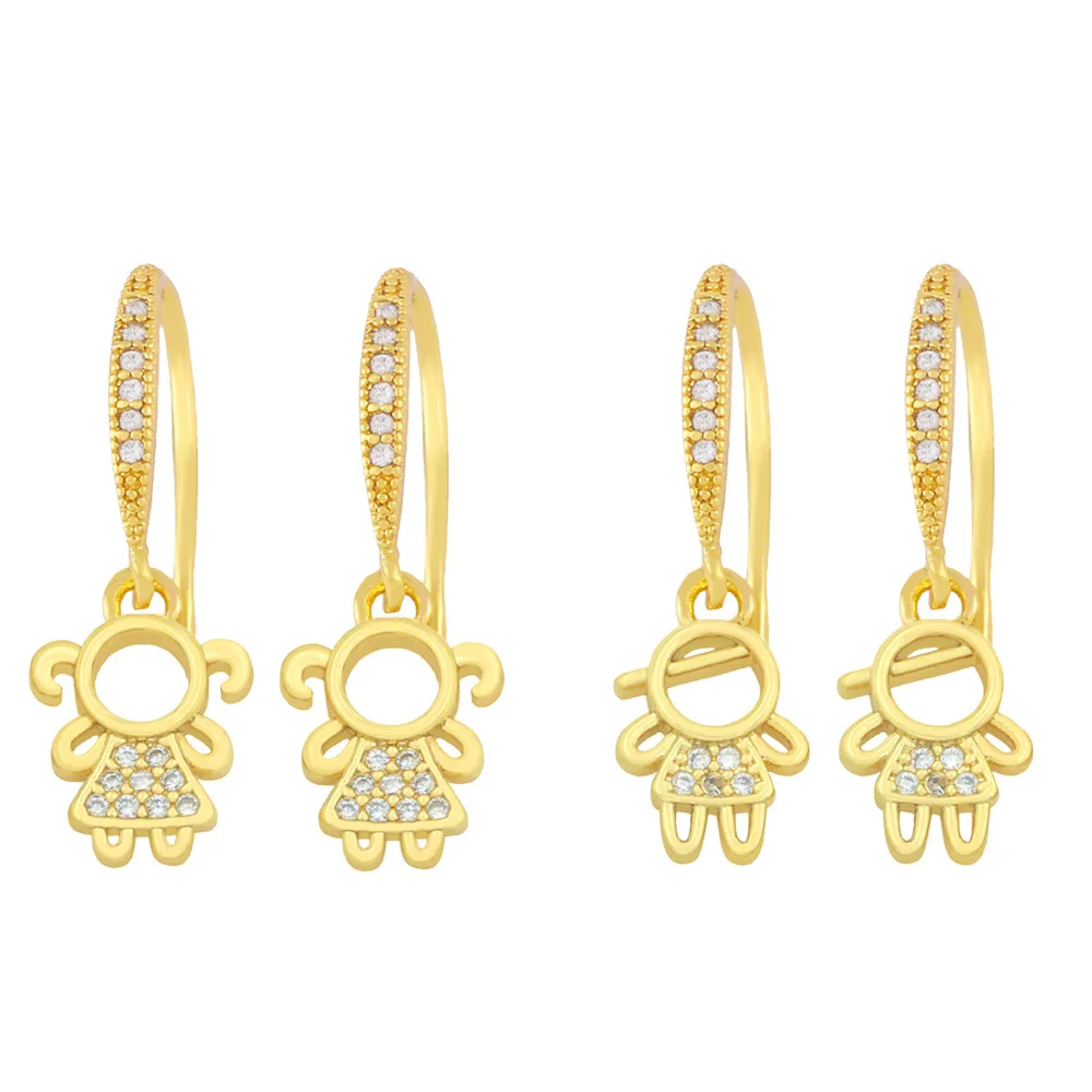 

Fashion Copper Cute Boy Girl Cartoon Drop Earrings For Women White Zirconia Gold Plated Friendship Earrings Family Jewelry Gifts