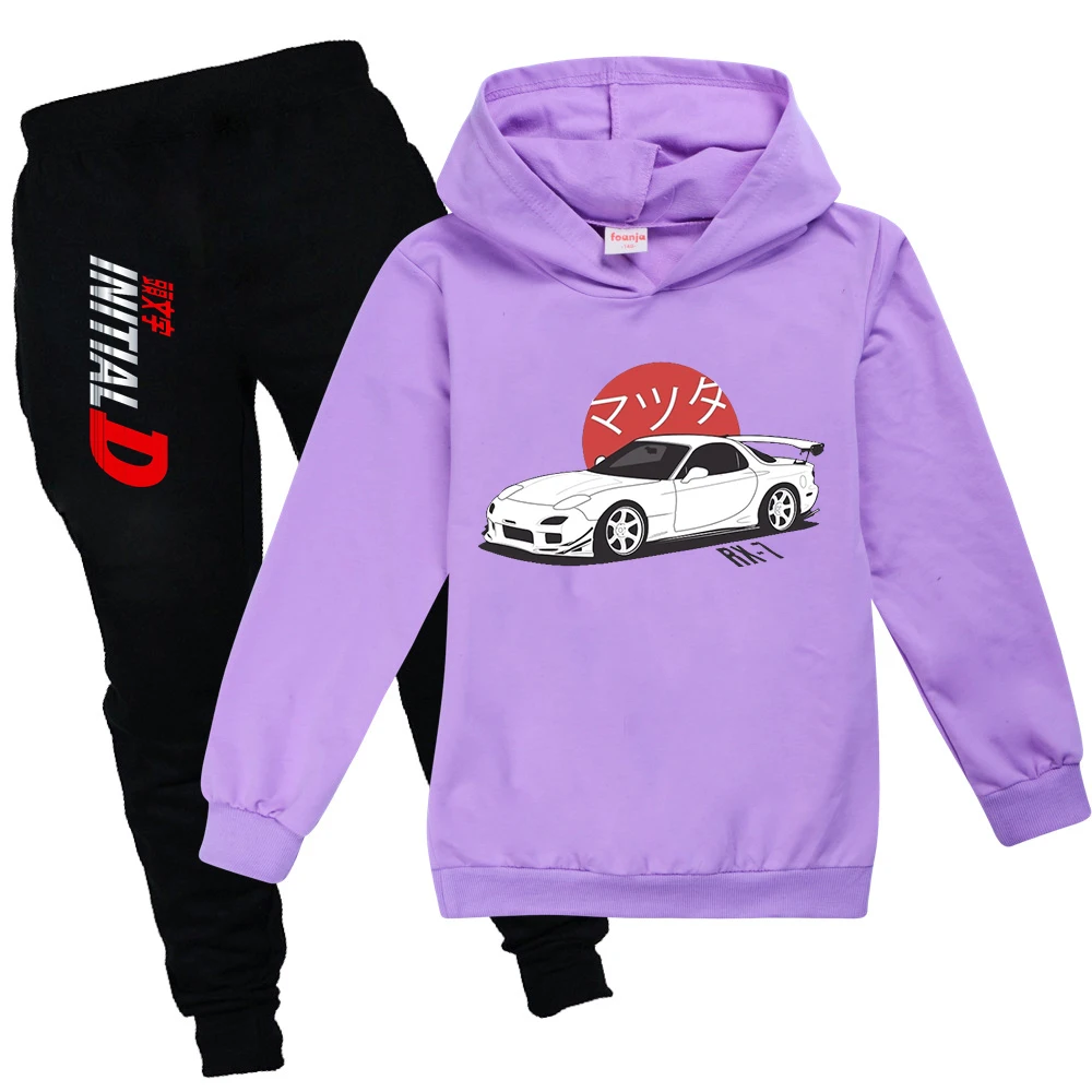 Initial D Hoodie Kids Japanese Anime Autumn Spring Sweatshirt Girls/Boys Graphic Clothing Set Long Sleeve Suit Casual Tops 2-15Y